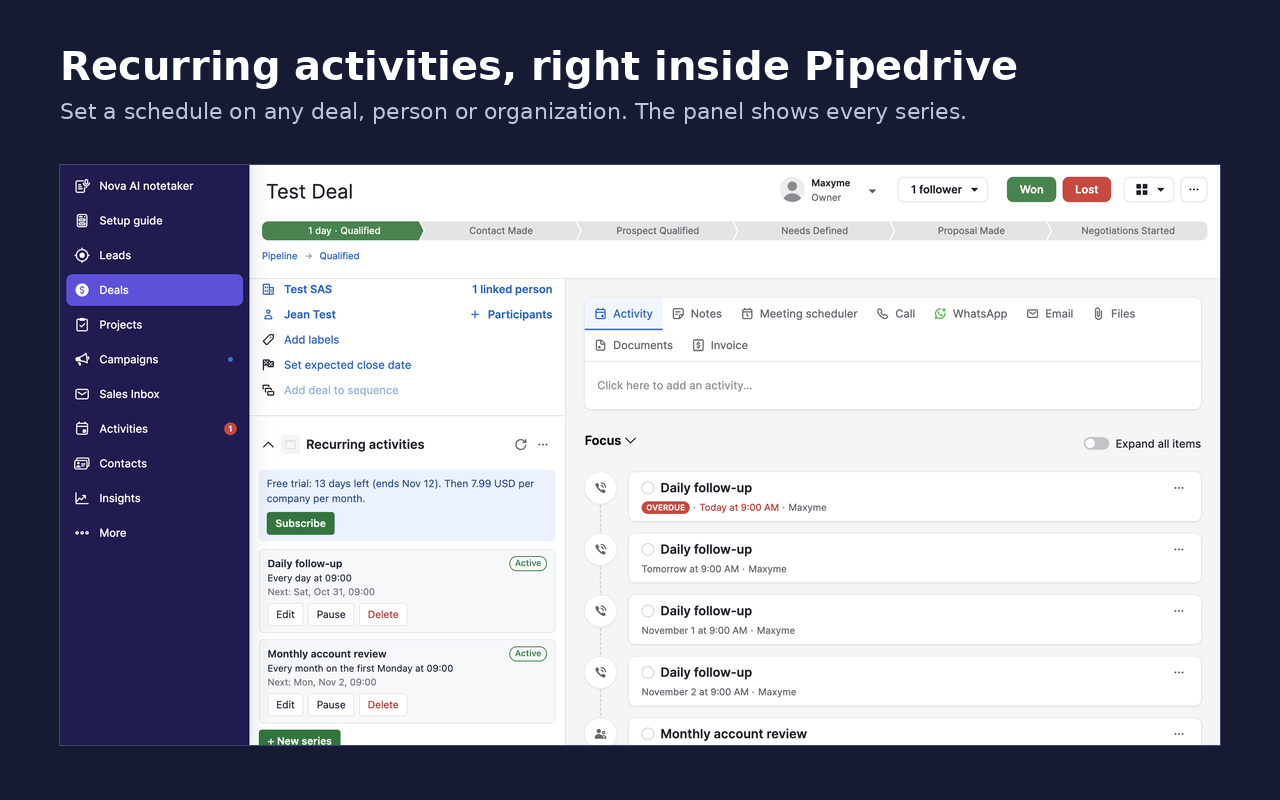 The Recurring activities panel on a Pipedrive deal, listing a daily follow-up and a monthly account review with their next dates, next to the deal's upcoming activities