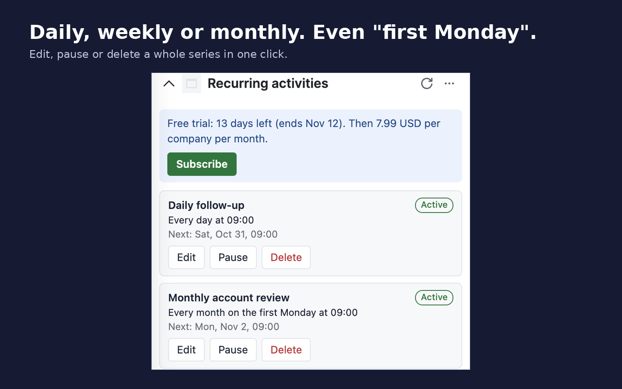 Close-up of the panel: free trial banner with a Subscribe button, and two series cards, every day at 09:00 and every month on the first Monday at 09:00, each with Edit, Pause and Delete buttons
