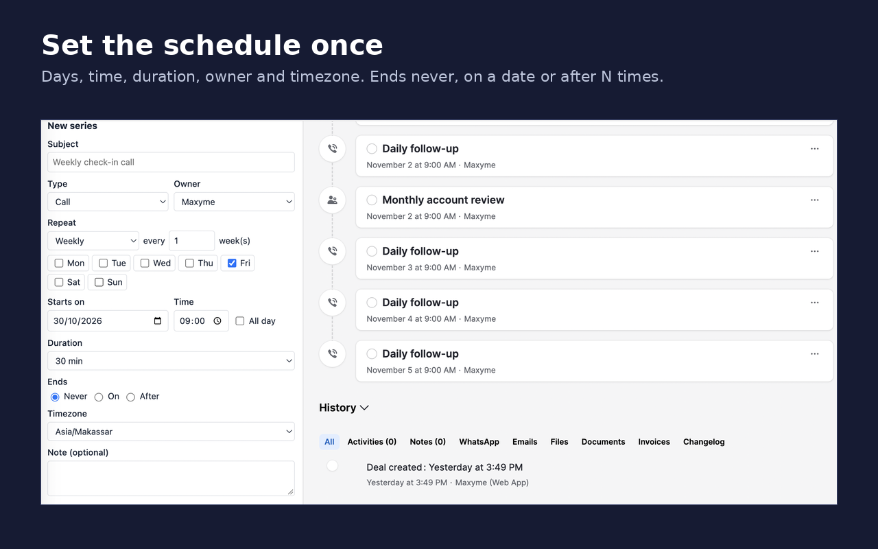 The New series form in Pipedrive: subject, type, owner, weekly repeat on Friday, start date, 09:00, 30 minute duration, ends never, timezone and note
